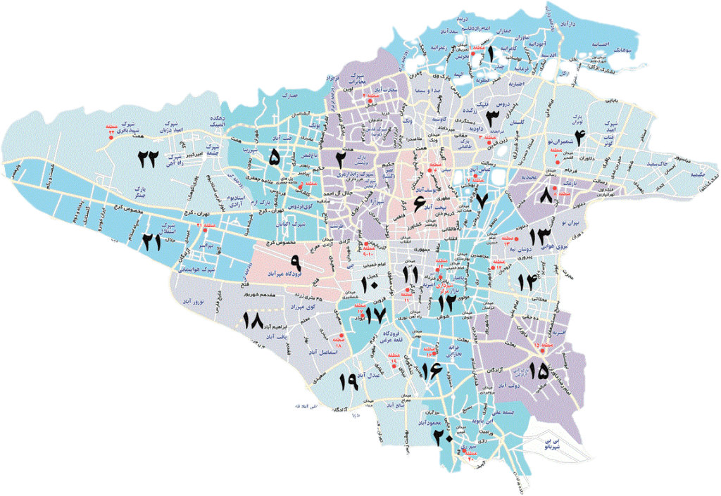 نقشه مناطق تهران